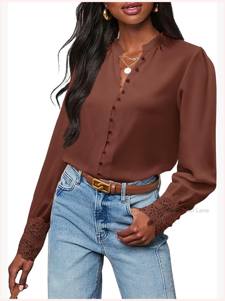 Women's Button Down Lace Cuff Chiffon Blouse Long Sleeve Band Collar Business